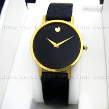 Men's Movado Museum Classic Gold Tone Black Dial Leather Swiss Quartz Watch