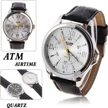 mens new chrome ATM airtime analog watch w/ white face w/black leather band - White - White Gold