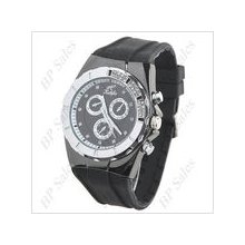 mens new Kulefco stainless steel quartz watch black face rhinetones &band rubber