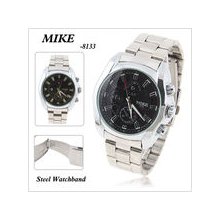 mens new mike stainless steel quartz watch w/black,red &chrom face chrome finish