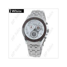 mens new mike stainless steel quartz watch with white face and chrome finish