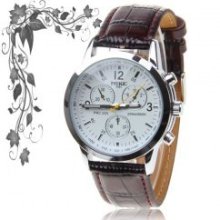 Men's Quartz Hours Analog Leather Wrist Watch with Round Dial Numerals & Strips - Metal - 3 - Brown