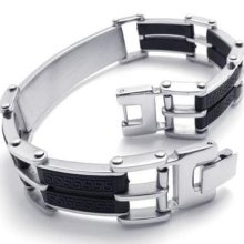 Mens Silver Black Stainless Steel Rubber Bracelet Chain