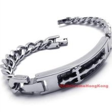 Mens Silver Stainless Steel Cross Bracelet Chain Bangle