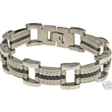 Mens Solid Stainless Steel & Black Rubber Bracelet