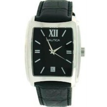 Men's Stainless Steel Case Black Dial Leather Bracelet Date Display