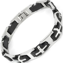 Men's Stainless Steel Cross Bracelet Black Rubber Link