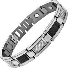 Mens Titanium Magnetic Bracelet With Black & Silver Carbon Fiber Insets W/ Tool