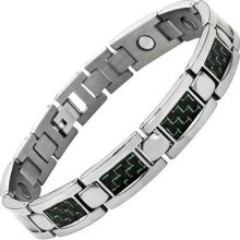 Mens Titanium Magnetic Bracelet With Green Carbon Fiber Insets In Velvet Box Wit