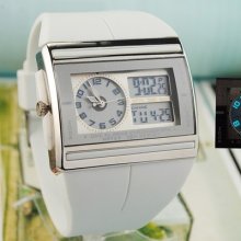 Mens/womens Fashion Digital Analog Cool Square Sport Wrist Watches White Rubber