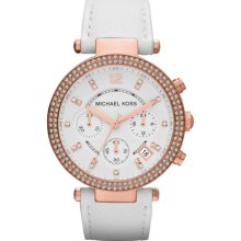 Michael Kors Parker White Leather Strap Chronograph Watch - White/Rose