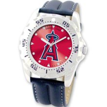 MLB Baseball Watches - Men's Anaheim Angles Stainless Steel MLB Watch and Leather Strap