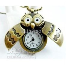 New Arrival Cool Bronze Owl Necklace Quartz Pocket Watch.a0163