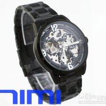 New Black Mens Chro Automatic Mechanical Wrist Watch