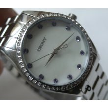 New DKNY Ladies Silver Pearl Face Crystals Watch $359