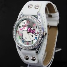 Nice Lovely Hellokitty Dial Plate Rhinestone Leather Band Quartz Wrist Watch