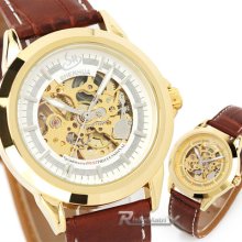 Noble Gold Case Skeleton Numberless Pu Leather Men Casual Auto Mechanical Watch