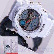 Ohsen Waterproof White Dual Time Lcd Digital Stop Mens Women Sport Watch W12