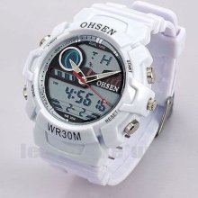 Ohsen White Strap Dual Time Backlight Waterproof Mens Lady Sport Wrist Watch