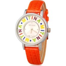 Orange Mitina Women's Round Dial Analog Watch With Faux Leather Strap