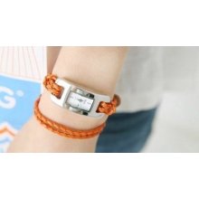 orange rectangle dial braided leather bracelet watch