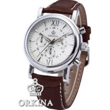 Orkina Genuine White Dial Brown Leather 24 Hours Display Men Quartz Sport Watch