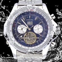 Orkina Royal Blue Skeleton Chronograph Dial Quartz Date Silver Steel Wrist Watch