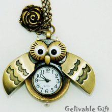 Owl Pocket Watch Necklace-mobilizable wings with rose NWO04