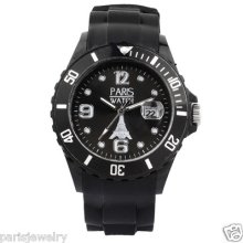 Paris Watch Silicone Black Quartz Calendar Date For Women Designed In France