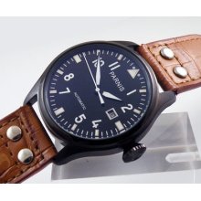 Parnis Big Pilot Black Dial Automatic Mens Watches Date Brown Leather Band P002