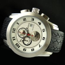 Parnis Quartz White Dial Men Watch Full Chronograph Run Seconds Rubber Strap 225