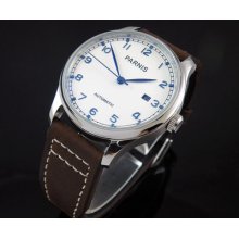 Parnis White Dial Mens Automatic Watch Date Window Cow Leather Strap X001-c