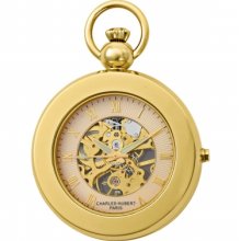 Polished gold picture frame mechanical pocket watch & chain by charles