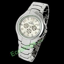 Polished Metal Band Round Men's Quartz Watch + Night Vision Hands