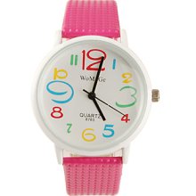 PU Koera Style Leather Band Fashion Cute Students Lady's Wrist Watch - Rose Red