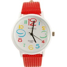 PU Koera Style Leather Band Fashion Cute Students Lady's Wrist Watch - Red