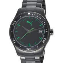 Puma Mens Ride 3hd Date Green Accents Window Black Ip Stainless Steel Watch