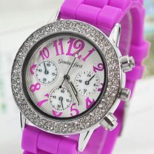 Purple Digital Rhinestones Stainless Steel Case Men Women Wrist Wacth