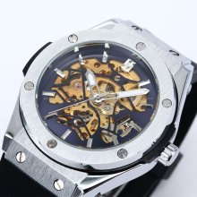 Quality Automatic Silver Case Mechanical Skeleton Rubber Sport Army Analog Watch