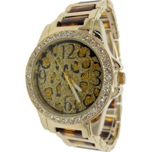 Rare Tortoise Shell Lab Diamond Gold Cheetah Animal Print Metal Watch Betsy - Gold - Metal