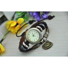 Retro Lips Style Quartz Leather Roman Numerals Women Lady Bracelet Watch Fbw001