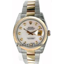 Rolex Datejust Men's Unused Heavy Oyster Band/Flip-Lock Clasp Model 116233 In Box with Papers and Tags, Custom Mother of Pearl Diamond Dial and Bezel