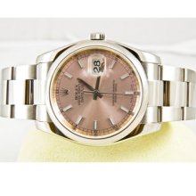 Rolex Mens Datejust Model 116200 Steel Oyster Band Pink Stick Dial Smooth Bezel