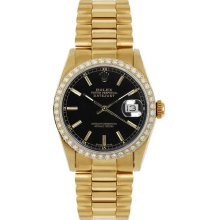 Rolex Women's President Midsize Custom Diamond Bezel Black Index Dial