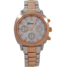 Rosegold And Silver, White Pearl Dial With Crystals Geneva Watch For Women