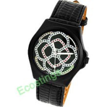 Round Charm Rhinestones Flower Dial Wrist Watch + Leather Strap