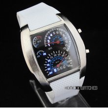 Rpm Turbo Blue & White Flash Led Watch Gift Sports Car Meter Dial Men