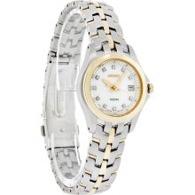 Seiko Quartz Ladies Diamond Mop Dial Two Tone Dress Watch SXDC12 *