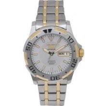 Seiko Snzj42 Mens Two Tone Stainless Stee Seiko 5 Silver Tone Dial Automatic Link Bracelet Watch