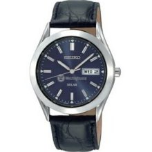 Seiko Solar Men`s Stainless Steel Watch W/ Crocodile Grain Leather Strap